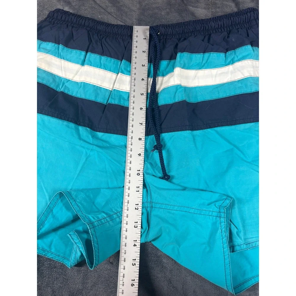 Newport Blue Mens Vintage Swim Trunks Teal Navy Striped Nautical Flags Large
